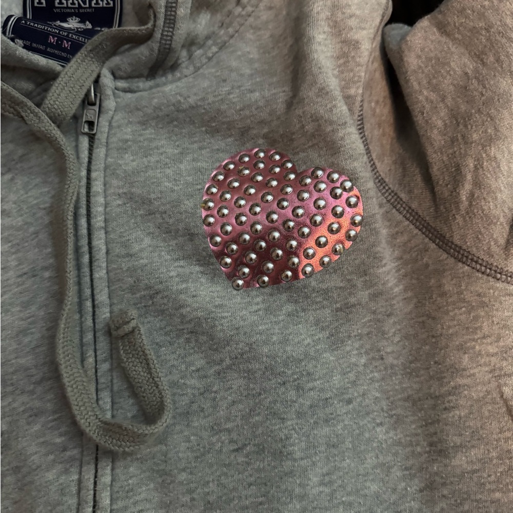 PINK by Victoria’s Secret, grey hoodie embellished with pink hearts/studs Size M - Picture 5 of 14
